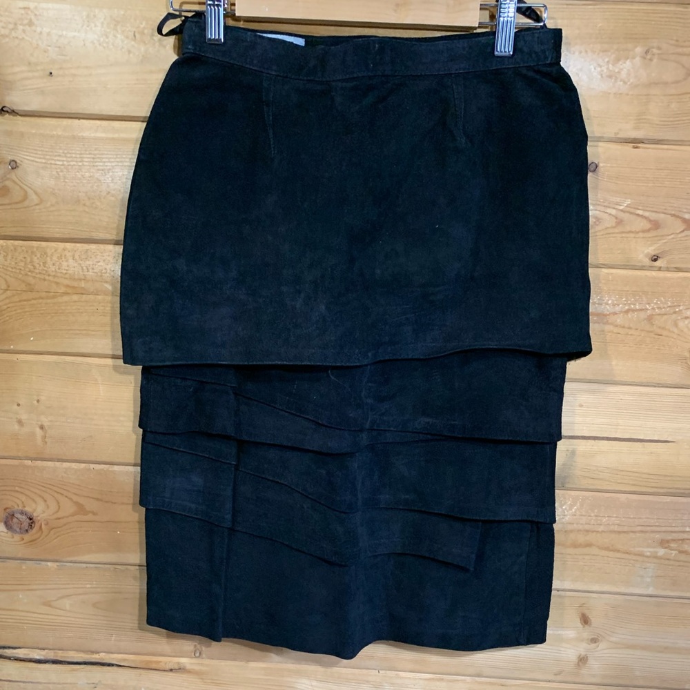 Vintage Genuine Suede Leather Tiered Black Midi Skirt Size 14 Heavy Soft Quality